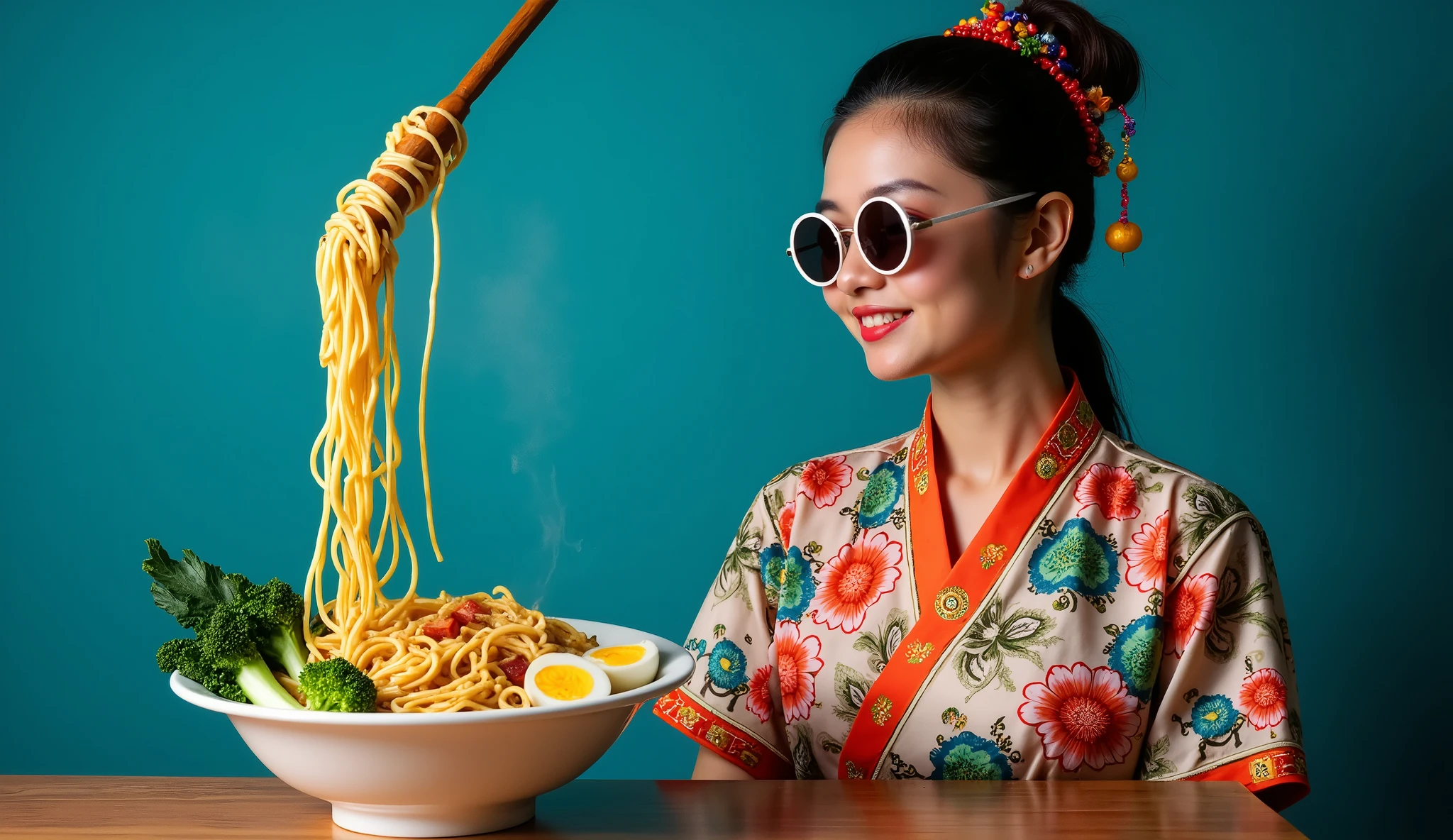 This vibrant advertisement showcases a stylish young woman promoting a food and restaurant creative agency that specializes in food photography. The woman is dressed in modern yet traditional Asian attire, featuring intricate floral designs and vibrant colors. She wears stylish round sunglasses, and her hair is adorned with colorful accessories, giving her an edgy and fashionable appearance. In the foreground, there is a large bowl of ramen noodles, beautifully garnished with green onions, bok choy, broccoli, and halved boiled eggs. The most dynamic element of the image is the dramatic pour of noodles, captured in mid-air as they splash into the bowl, creating a sense of motion and excitement. The background is a rich blue, which contrasts beautifully with the vibrant colors of the food and the woman's attire
