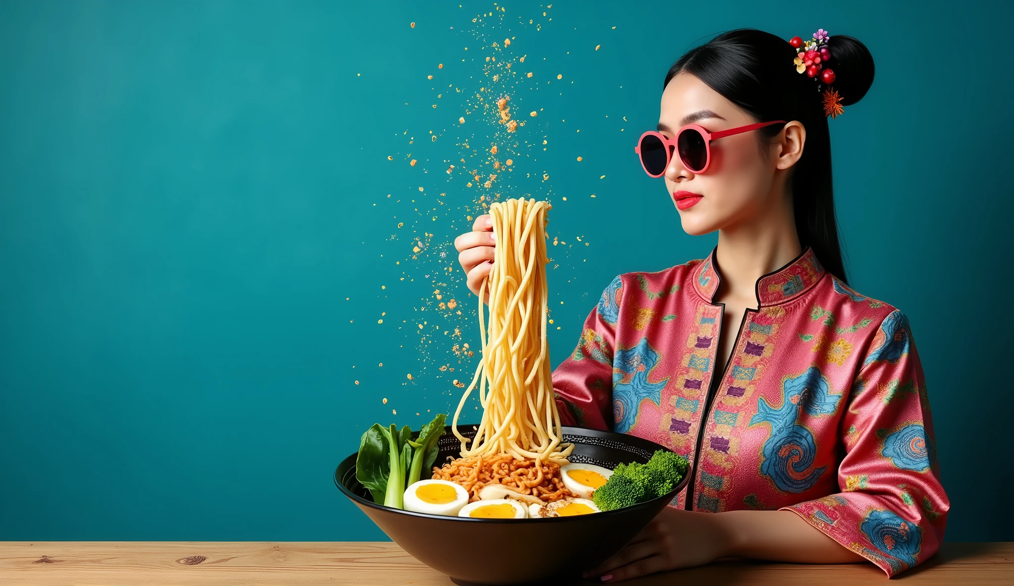 This vibrant advertisement showcases a stylish young woman promoting a food and restaurant creative agency that specializes in food photography. The woman is dressed in modern yet traditional Asian attire, featuring intricate floral designs and vibrant colors. She wears stylish round sunglasses, and her hair is adorned with colorful accessories, giving her an edgy and fashionable appearance. In the foreground, there is a large bowl of ramen noodles, beautifully garnished with green onions, bok choy, broccoli, and halved boiled eggs. The most dynamic element of the image is the dramatic pour of noodles, captured in mid-air as they splash into the bowl, creating a sense of motion and excitement. The background is a rich blue, which contrasts beautifully with the vibrant colors of the food and the woman's attire