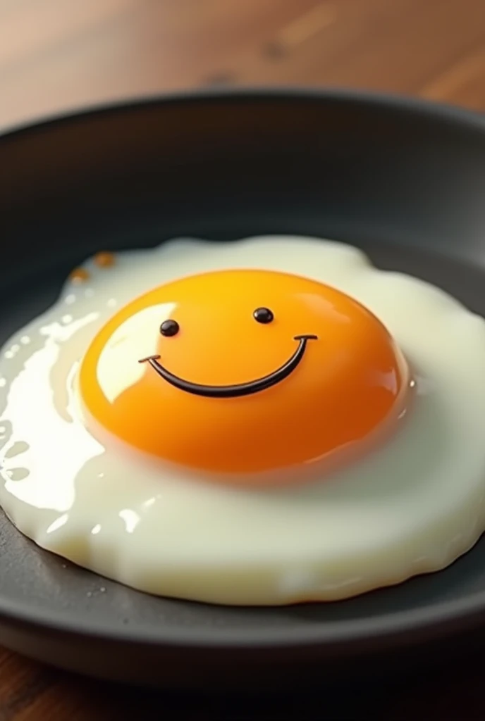 A fully cooked egg in a pan, with a bright, cheerful smiley face drawn on the yolk. The egg white is solid and looks perfectly cooked, with the smiley face adding a playful touch. The background is simple, keeping the focus on the egg.