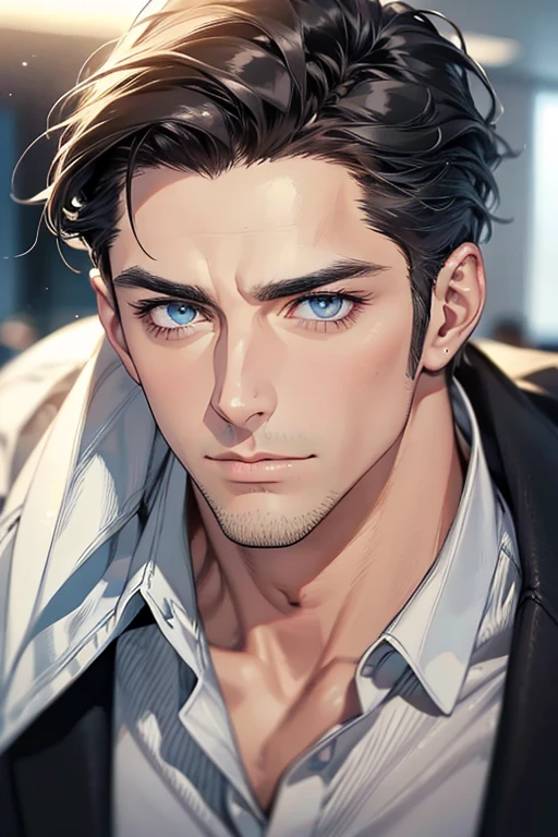 (Best Quality,4k,8k,high resolution,Masterpiece:1.2),ultra detailed,(realist,photorealist,photo-realist:1.37),1 man,31 years,mature man,very handsome,without expresion,muscled body,short gray black hair,Blue eyes,glare,perfect face without mistakes,imposing posture,businessman,office background,cinematic lighting,imagen HDR