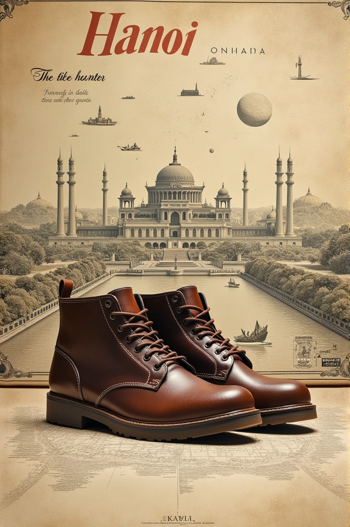 Help me make a moodboard with bitishunter sneakers in the middle of the photo and behind the shoes is a map of Hanoi's monuments.