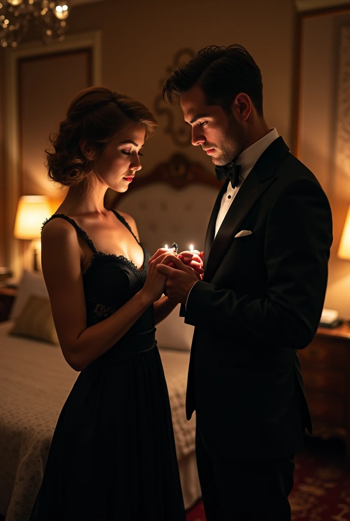 Woman showing her precious to another man in the bedroom
