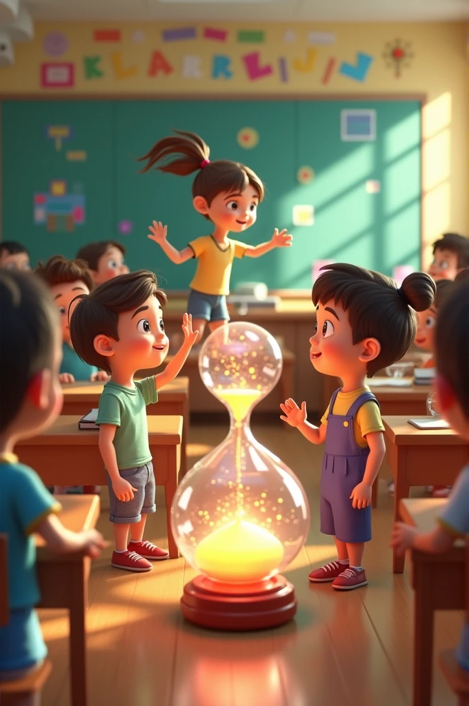 Janret in cinemetic 3d carton stail **"Time Manipulation Class":** A classroom where children are practicing controlling time, with some students speeding up or slowing down the motion of objects, like spinning globes or hourglasses