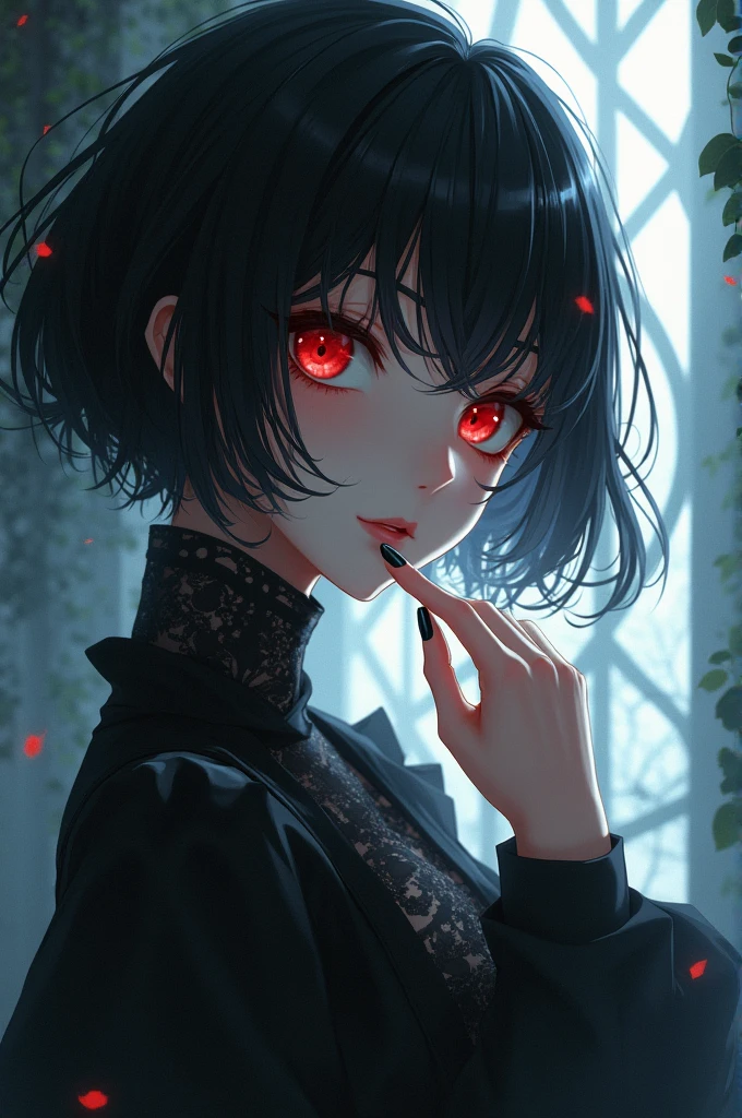 Female anime character, short black hair, red eyes, black nails, pale skin, beautiful and with the power to manipulate shadows 