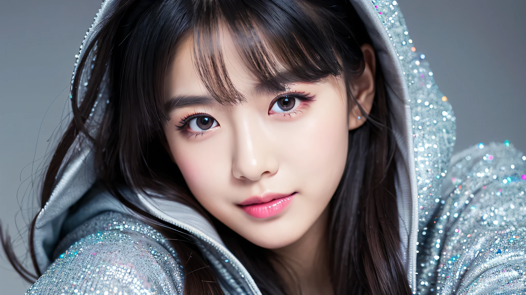 (Detailed face),vivid,Silver glitter hoodie,4K,Ultra-high resolution,(Photorealistic:1.7),Gray background,Long black hair,