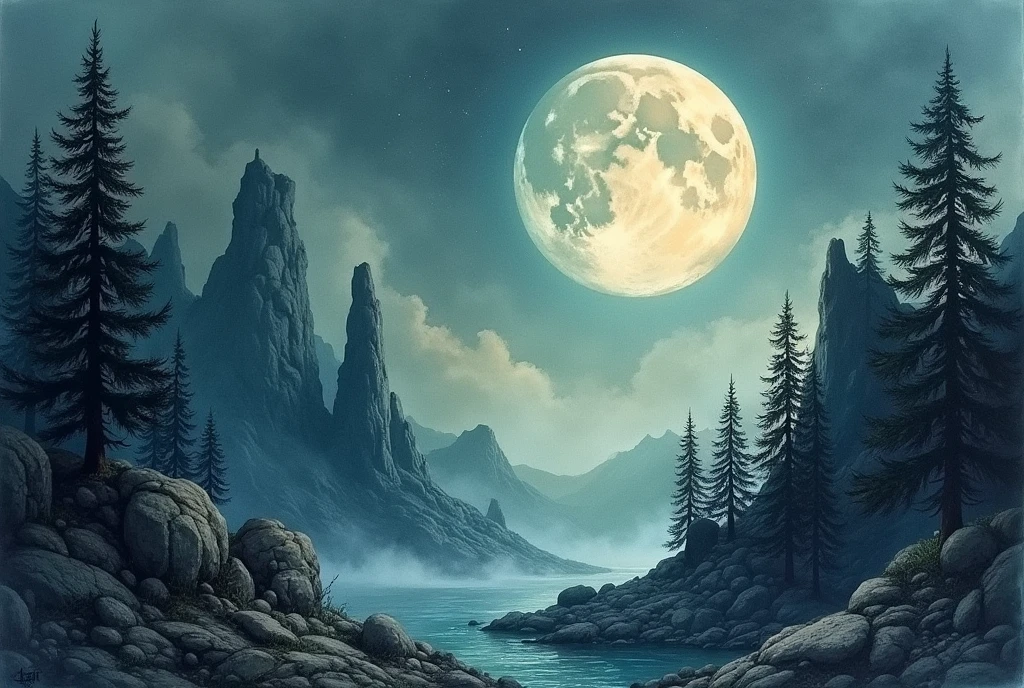 Watercolor painting Gothic Landscape with detailed moon, rocks and pine trees. Add details on the negative spaces