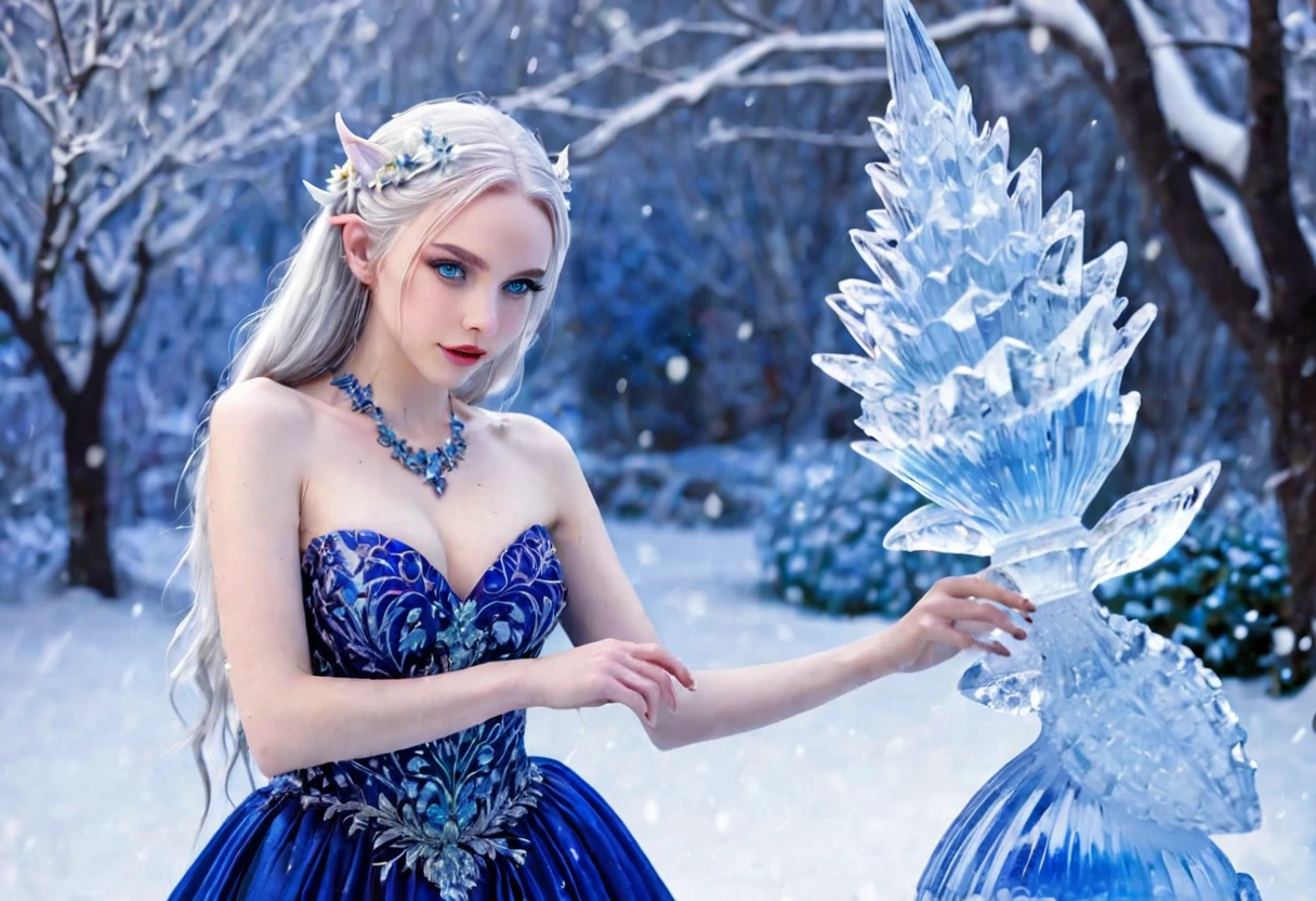 Ice Elf (cute woman, blue skin, deep blue eyes, pointy ears, waist length pale hair, sapphire sequin sparkling evening gown0 inspecting her ice sculpture flower garden in a snow landscape, twilight