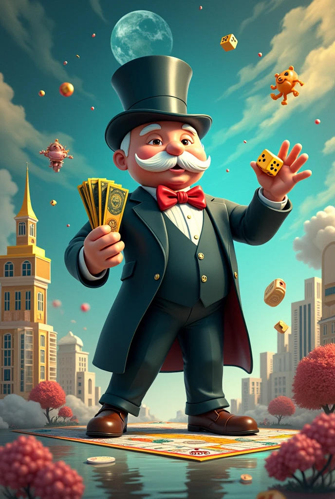 Make a monopoly man holding cash and dice with the crypto and ai, business analytics students with monopoly theme 