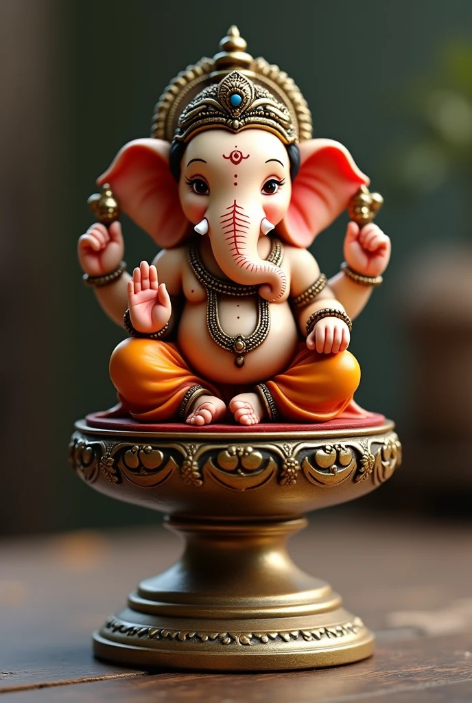 Indian lord little Ganesh cute  sitting on the base brass metal 

