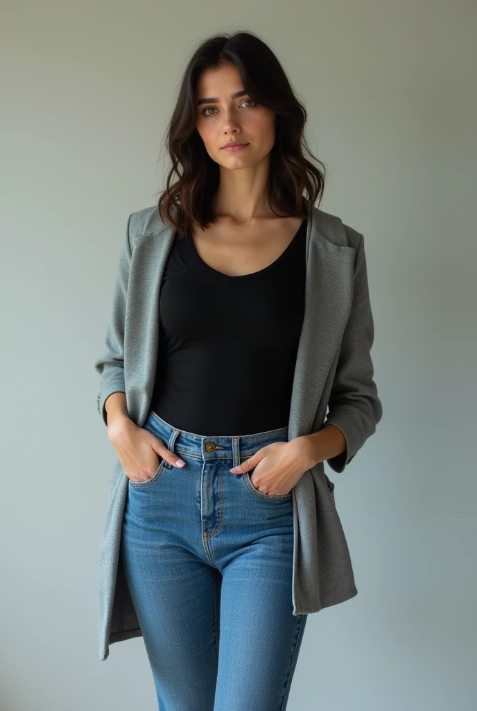 6 feet girl wuth black top and blue jeans with grey shrugs

