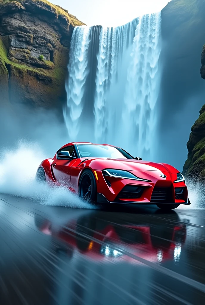A red supra car raceing with blue waterfall