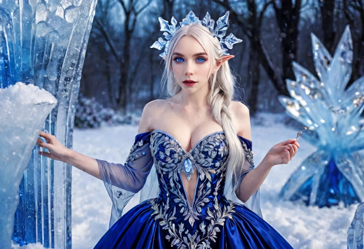 Ice Elf (cute woman, blue skin, deep blue eyes, pointy ears, waist length pale hair, sapphire sequin sparkling evening gown0 inspecting her ice sculpture flower garden in a snow landscape, twilight