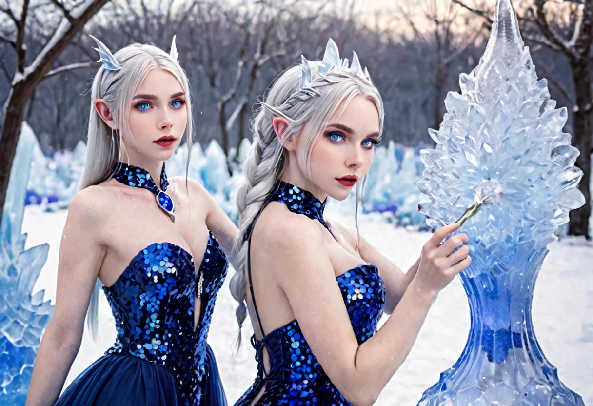 Ice Elf (cute woman, blue skin, deep blue eyes, pointy ears, waist length pale hair, sapphire sequin sparkling evening gown0 inspecting her ice sculpture flower garden in a snow landscape, twilight