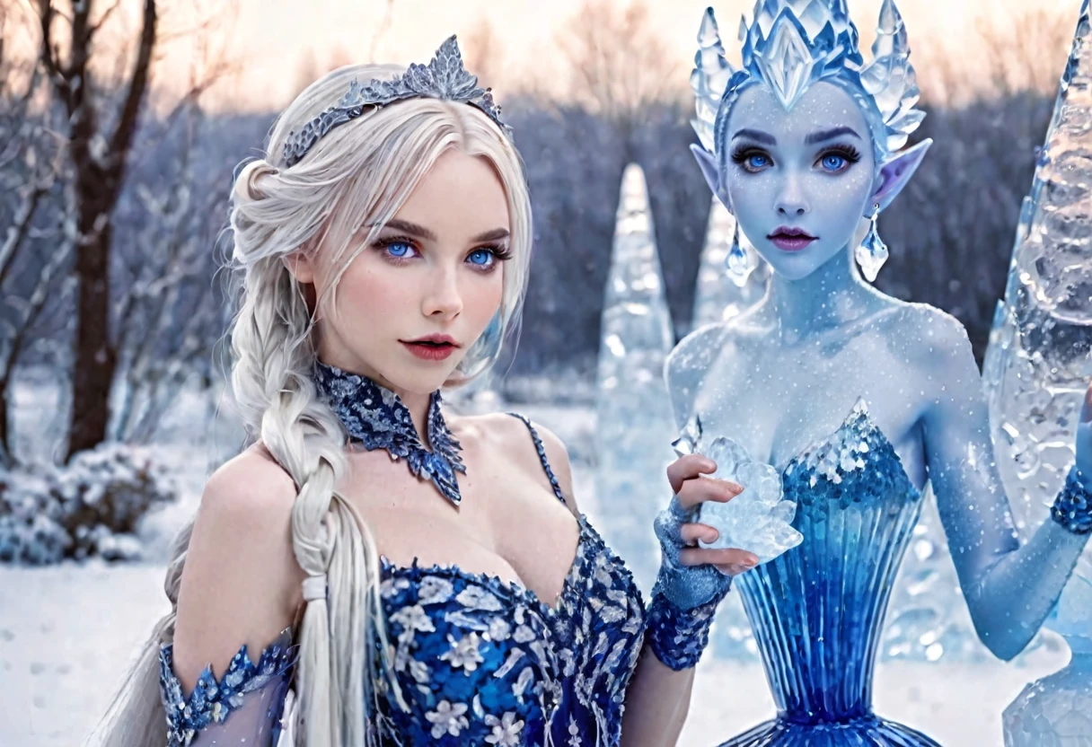 Ice Elf (cute woman, blue skin, deep blue eyes, pointy ears, waist length pale hair, sapphire sequin sparkling evening gown0 inspecting her ice sculpture flower garden in a snow landscape, twilight