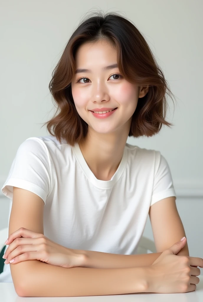 毛先が軽めのLayer Styles、human、Transparencyのある女性、young、White T-shirt、Reduce hair volume、Fair-skinned pretty woman、No blunt ends、Layer Styles、Body is at an angle、looking at the camera、Tilt your head、Hair that does not curl and reaches below the collarbone、Brown color、Outline of an inverted triangle、Big eyes、Smile a little、high resolution、Classy woman、Pull your chin in、A sophisticated and stylish woman、Put your elbows on the table、Transparency、