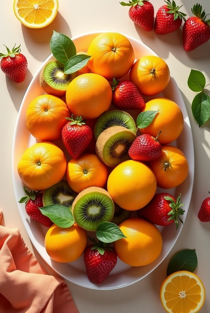 Create another one with the following information Vitamin C: A composition of fruits rich in vitamin C (orange, kiwi, strawberry) on a platter Note: the image has to be with the person looking down