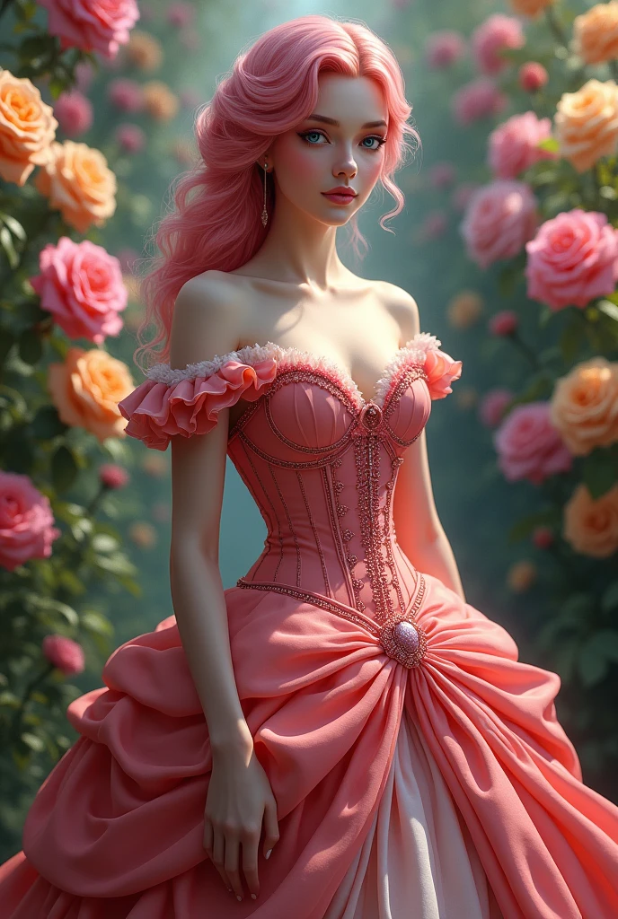 This is realistic fantasy artwork set in the castle's enchanted rose garden. Generate a proud woman with a highly detailed face dressed in the billowing folds of a stunning French silk ballgown. The woman's sweet face is ((((highly detailed, with realistic features and soft, puffy lips.))))  The ballgown is embellished with ruffles, sashes, and bows and a delicately, but intricately, hand-embroidered bodice. The corset features silk ribbon. The woman's stunning eyes are beautifully blue hair pink detailed, featuring realistic shading and multiple colors and high resolution. The woman is in a garden of eternal roses, each one beautifully formed and highly detailed. These realistic roses feature shimmering shades of pink, yellow, orange, and glimmering red. The eternal rose is a deep shade of red with shimmering pink overtones and undertones. Ensure that the woman's face, hair, and eyes are perfect. realism, high fantasy, whimsical fantasy, storybook fantasy, fairytale fantasy, fantasy details, enchanting, bewitching, 8k, hires, cgi, digital painting, unity, unreal engine, (((masterpiece))), intricate, elegant, highly detailed, majestic, digital photography, art by artgerm and ruan jia and greg rutkowski, (masterpiece, finely detailed beautiful eyes: 1.2), hdr, realistic skin texture, (((1woman))), (((solo))), Include a highly detailed face, extremely detailed face, and interesting background.