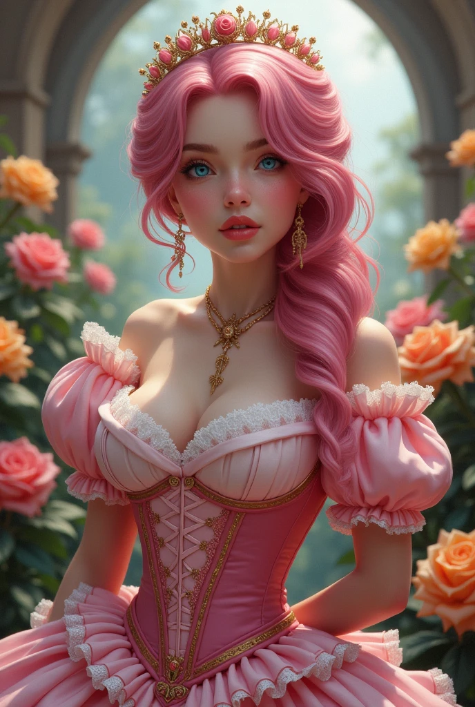 This is realistic fantasy artwork set in the castle's enchanted rose garden. Generate a proud woman with a highly detailed face dressed in the billowing folds of a stunning French silk ballgown. The woman's sweet face is ((((highly detailed, with realistic features and soft, puffy lips.))))  The ballgown is embellished with ruffles, sashes, and bows and a delicately, but intricately, hand-embroidered bodice. The corset features silk ribbon. The woman's stunning eyes are beautifully blue hair pink detailed, featuring realistic shading and multiple colors and high resolution. The woman is in a garden of eternal roses, each one beautifully formed and highly detailed. These realistic roses feature shimmering shades of pink, yellow, orange, and glimmering red. The eternal rose is a deep shade of red with shimmering pink overtones and undertones. Ensure that the woman's face, hair, and eyes are perfect. realism, high fantasy, whimsical fantasy, storybook fantasy, fairytale fantasy, fantasy details, enchanting, bewitching, 8k, hires, cgi, digital painting, unity, unreal engine, (((masterpiece))), intricate, elegant, highly detailed, majestic, digital photography, art by artgerm and ruan jia and greg rutkowski, (masterpiece, finely detailed beautiful eyes: 1.2), hdr, realistic skin texture, (((1woman))), (((solo))), Include a highly detailed face, extremely detailed face, and interesting background.