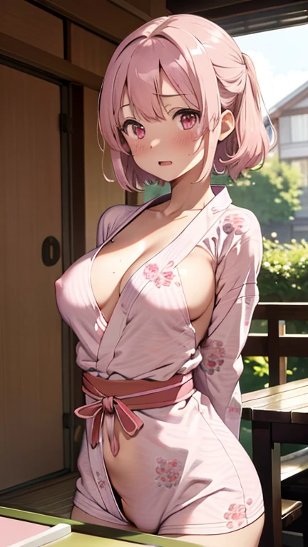 mastute piece,Best Quality,insanely detailed,8k cg,nsfw,
(shoot upper body:1.3),
(1girls:1.3),standing,looking at viewr,body in front,((both arms behind back:1.4)),(yukata:1.4),break,
blush,shy,(ecstasy face),(trembling:1.2),break,(light pink hair:1.4),
break,
perfect breasts,perfect teats,(open mouth:0.9),(large breasts:1.2),
(hot spring inn:1.1),table tennis hall,