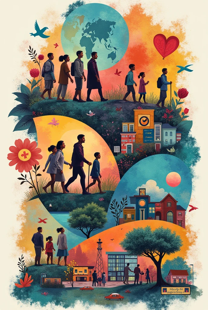 Create a COLLAGE that can visually represent various aspects of community health:
- Health promotion and education
- Epidemiology and disease prevention
- Maternal and child health
- Environmental health 
- Mental health 
- Access to healthcare
- Healthy aging