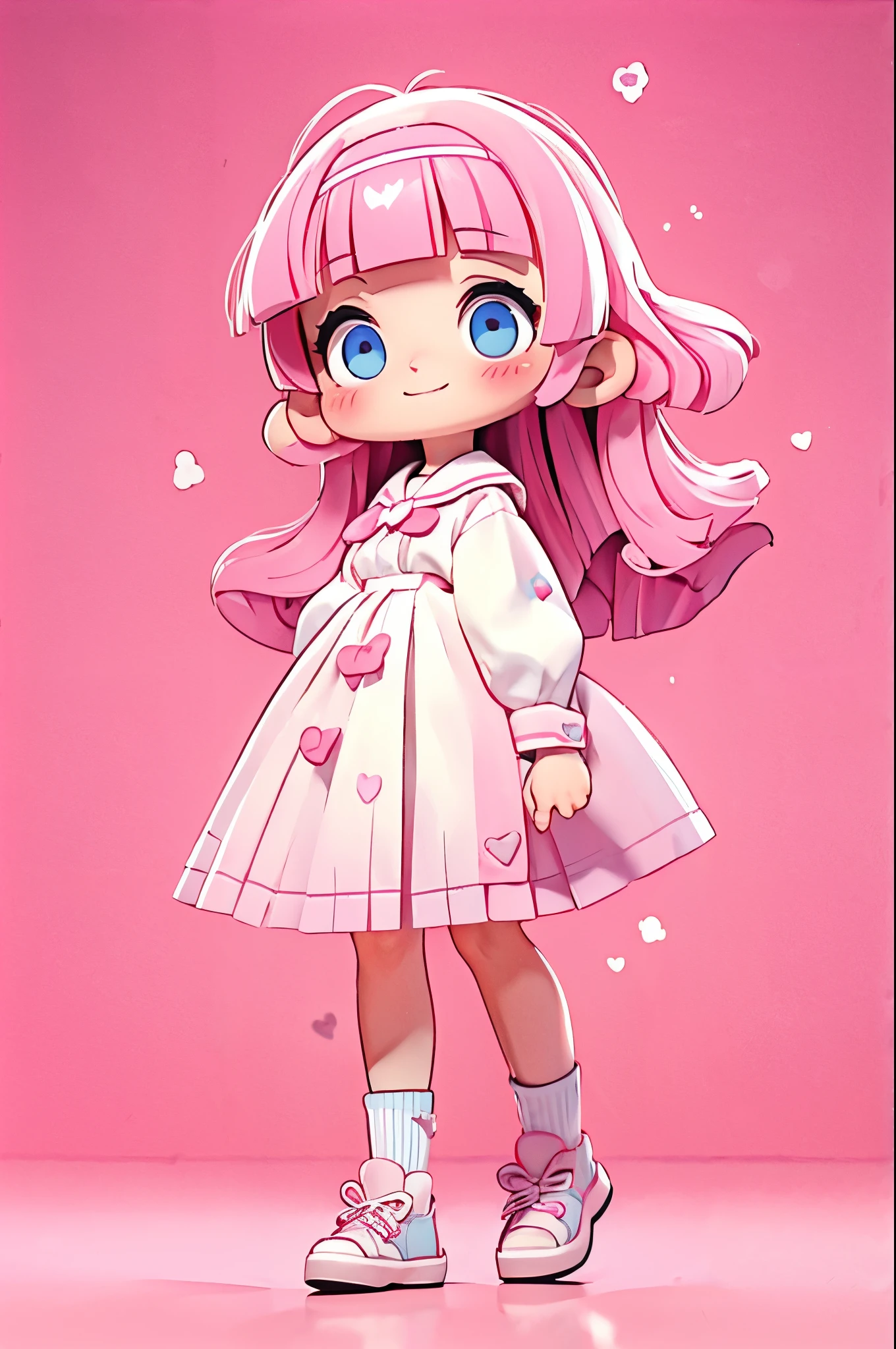 high resolution,smile,laugh,happy smile,woman,woman1人,adult,Clear,cute, ((chibi)), blunt bangs,wavy hair,Pink Hair,BREAK, Light blue eyes,BREAK, uniform,White shirt,BREAK,Pink checkered pleated skirt,BREAK, White loose socks,White sneakers,BREAK, ハートのヘアピンBREAK, Facing forward,BREAK,Pink background,