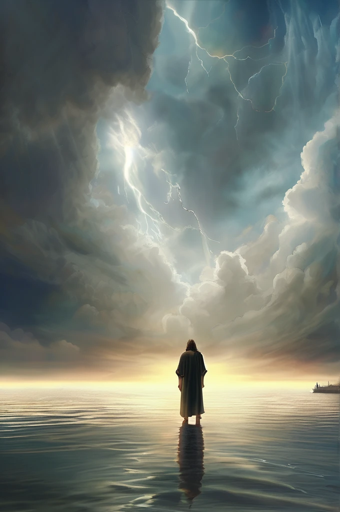 ((((a tranquil lake)))),(((((jesus walking on water・Christ))))),(((((jesus walking on water・Christ))))),(((((jesus walking on water・Christ))))),{the sea and storms behind him},{Magnificent clouds and godlike lighting},{Dramatic light spiritual scenes},{Standing in the maelstrom},{Magnificent clouds and lighting},{Tron Legacy{{{Jesus}}}},(((Surrounded by clouds and light))),{He's getting closer to heaven},{{{{Tron Legacy Jesus}}}}