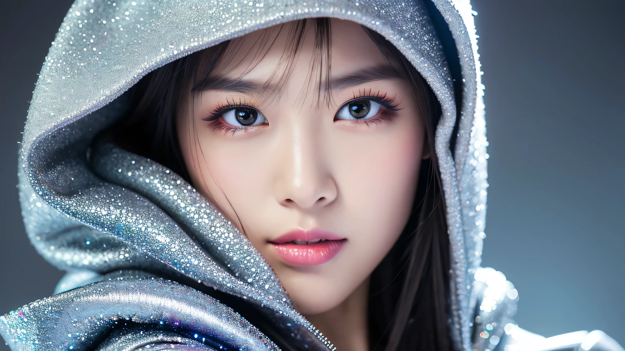 (Detailed face),vivid,Silver glitter hoodie,4K,Ultra-high resolution,（Photorealistic：1.7）,Gray background,Long black hair,