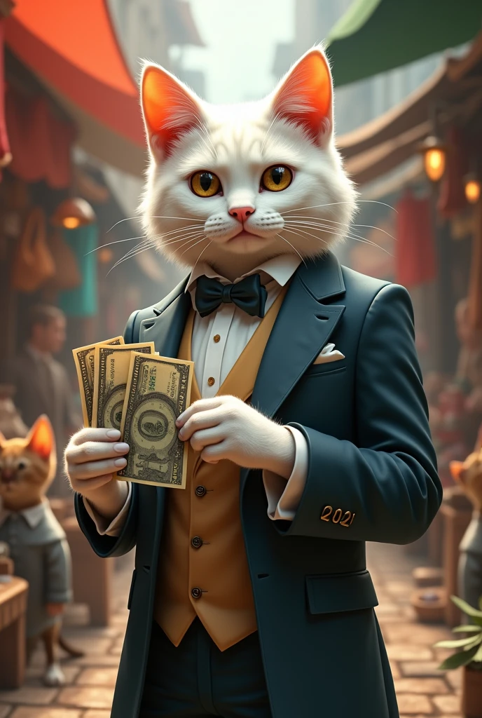 A white cat wearing beautiful suit is standings in the market and giving the money poor cats.
