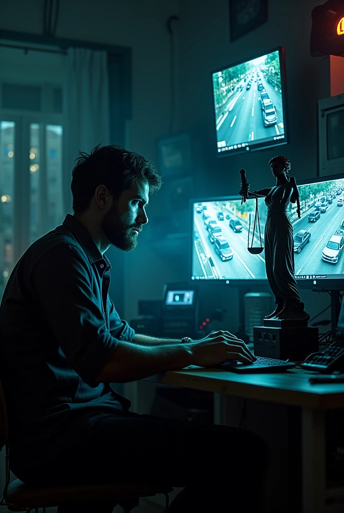 a psycho hacker home with lot of hacking devices  and a statue of blind law in table. a man sadly sit in front of the table in a chair with a wakitaki and see the wall cctv screen showing city traffic jam. in 4 small cam in one screen. other computer show hack processing.  IMG taken from partial side and some far distance.  want man face angel view bt dark