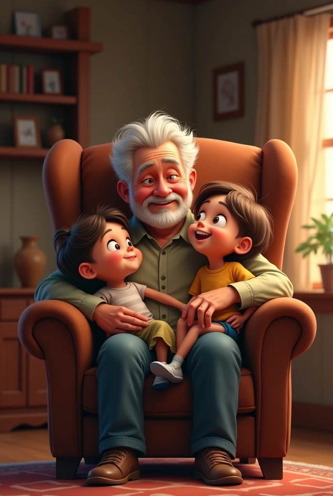 Grandfather sitting in an armchair with a girl and a boy on his lap happy
