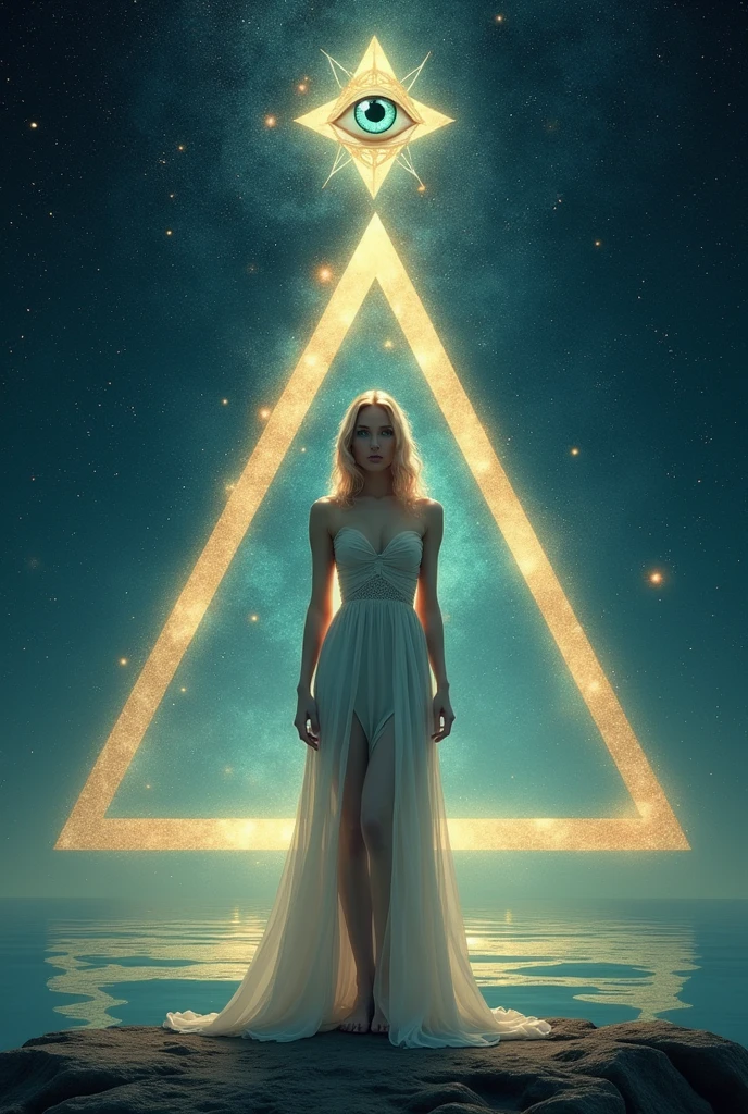 label for beer "MONJE OF SKY": central character: A pretty woman, 200cm tall wide hips, beautiful and blonde in an elegant dress, barefoot looking at the camera. Symbolic Element: The woman is located inside an equilateral triangle, that stands out in the design. bottom: A starry night sky, using bright colors , fluoride and clear. Mystical element: in the sky, There is a second smaller equilateral triangle with an eye in the center (in the style "All-seeing eye"). 1920x 1080 woman in the center in 1/3 of the total