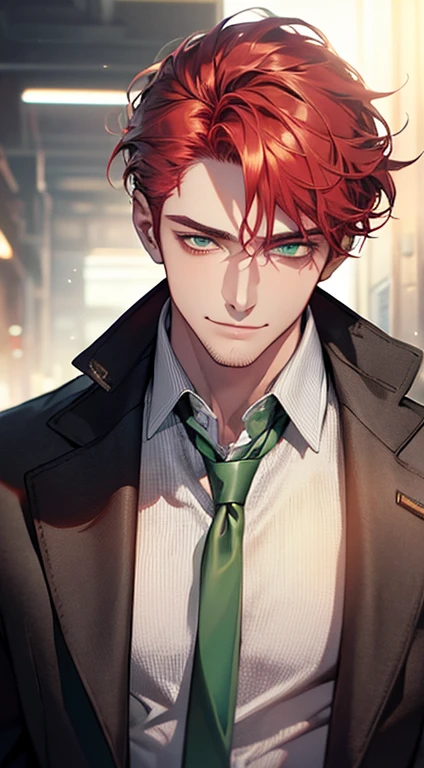 (best quality, masterpiece, 8K, photorealistic, cinematic lighting, hdr image, ultra detailed, beautiful image), a mature man, very handsome, smile, short grey red hair, green eyes, perfect face without errors, ((buttoning the jacket, CEO))