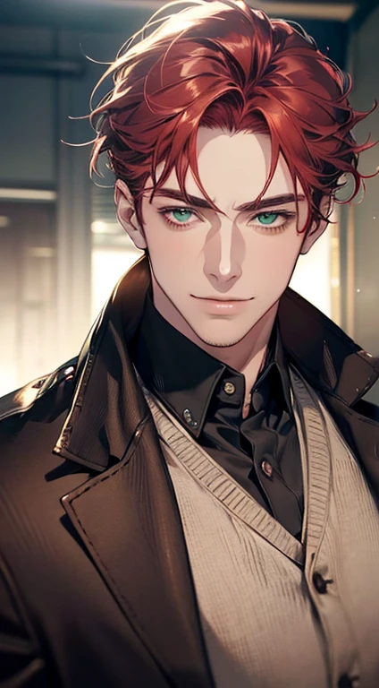 (best quality, masterpiece, 8K, photorealistic, cinematic lighting, hdr image, ultra detailed, beautiful image), a mature man, very handsome, smile, short grey red hair, green eyes, perfect face without errors, ((buttoning the jacket, CEO))
