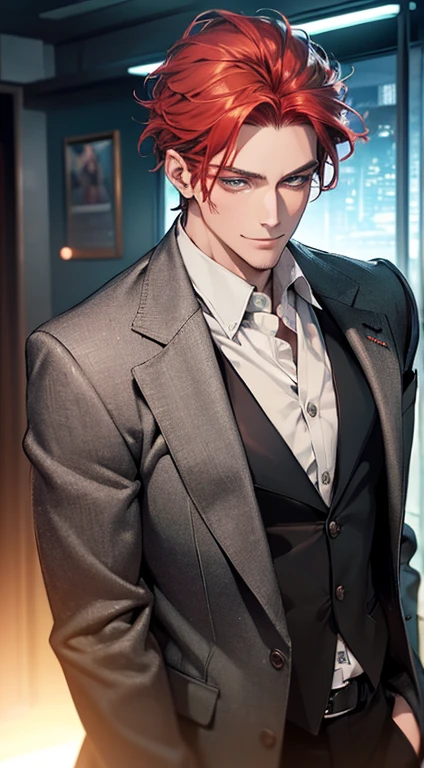 (best quality, masterpiece, 8K, photorealistic, cinematic lighting, hdr image, ultra detailed, beautiful image), a mature man, very handsome, smile, short grey red hair, green eyes, perfect face without errors, ((buttoning the jacket, CEO))