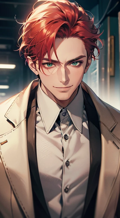 (best quality, masterpiece, 8K, photorealistic, cinematic lighting, hdr image, ultra detailed, beautiful image), a mature man, very handsome, smile, short grey red hair, green eyes, perfect face without errors, ((buttoning the jacket, CEO))