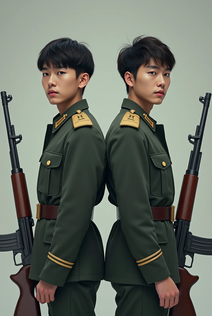 A cute 2 korean man in army uniform with gun