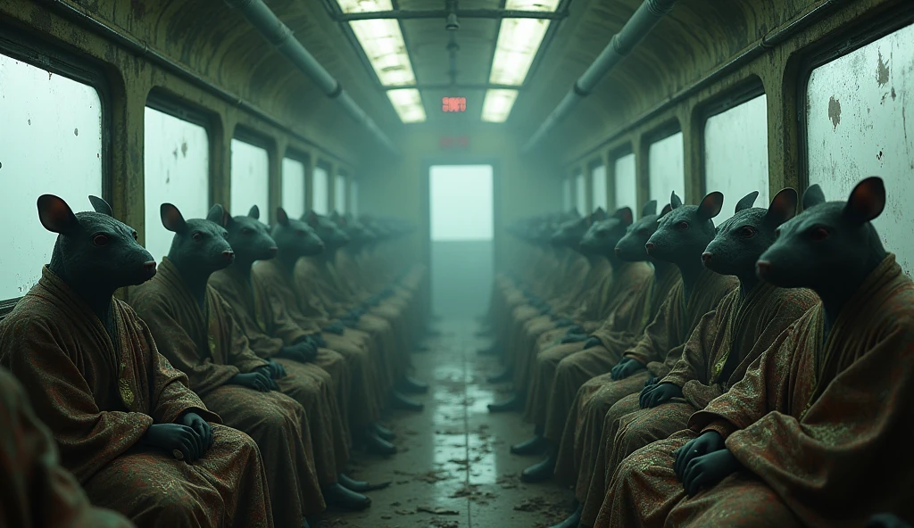 Top quality, masterpiece, old train interior background, creatures with rat heads, creatures sitting on seats, old train, peeling paint, sci-fi, detailed science, life science, wearing oriental intricate traditional costumes, detailed image textures, eerie, horror, creepy atmosphere (not AI image), cloudy weather, fog, low color image, creepy, characters filling the screen, images from different angles'