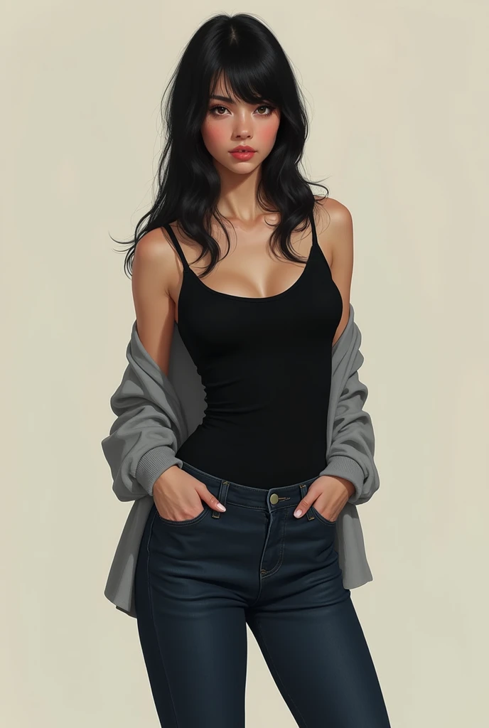 6 feet girl wuth black top and dark blue jeans with grey shrugs
