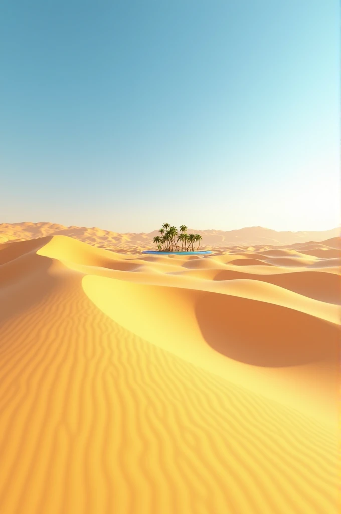 A vast desert landscape with rolling dunes of golden sand under a clear blue sky. In the distance, a small oasis with palm trees and a shimmering water pool provides a striking contrast. The sunlight casts long shadows on the dunes, emphasizing their shapes and textures