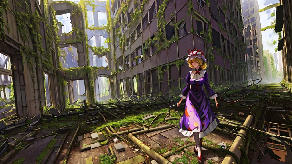  {yakumo_yukari_Touhou:1.15},Long shot of a girl standing in the ruins of a high-rise building,Ivy-covered ruins,(((Ruins of a big city))