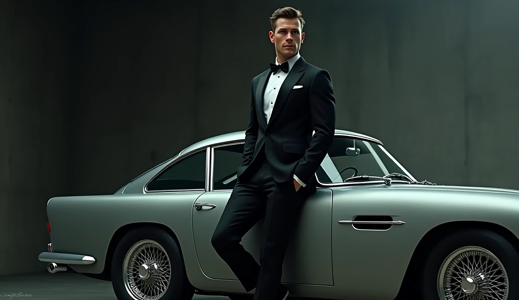 Liam Hemsworth as James Bond 007 wearing Tuxedo an driving Aston Martin DB5