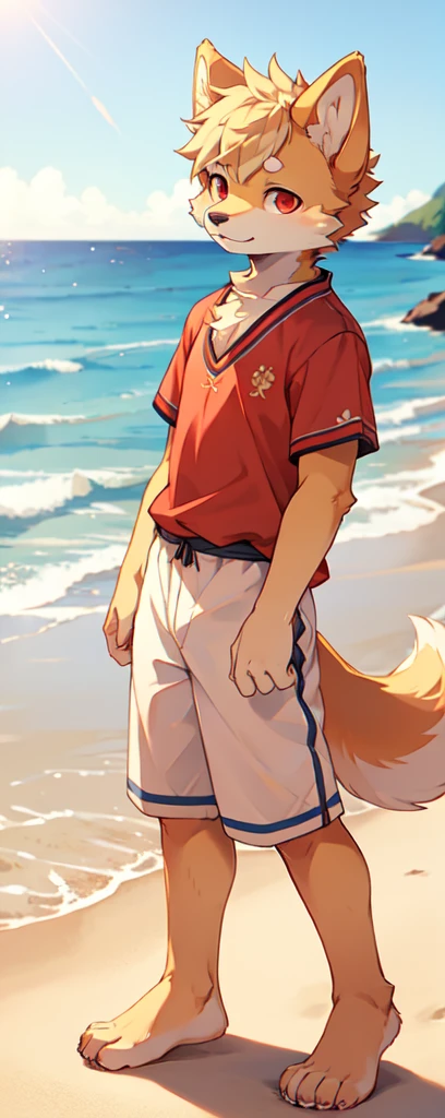 Furry Shiba Inu male portrait, Red Eyes, Yellow ears，short hair，Furry ears, Standing barefoot on the beach，The background is the ocean, Natural Lighting, Intricate background, Extremely detailed facial features and white short sleeves, Whole body center composition, Perfect focus and lighting，Long legs，Canine pointed nose