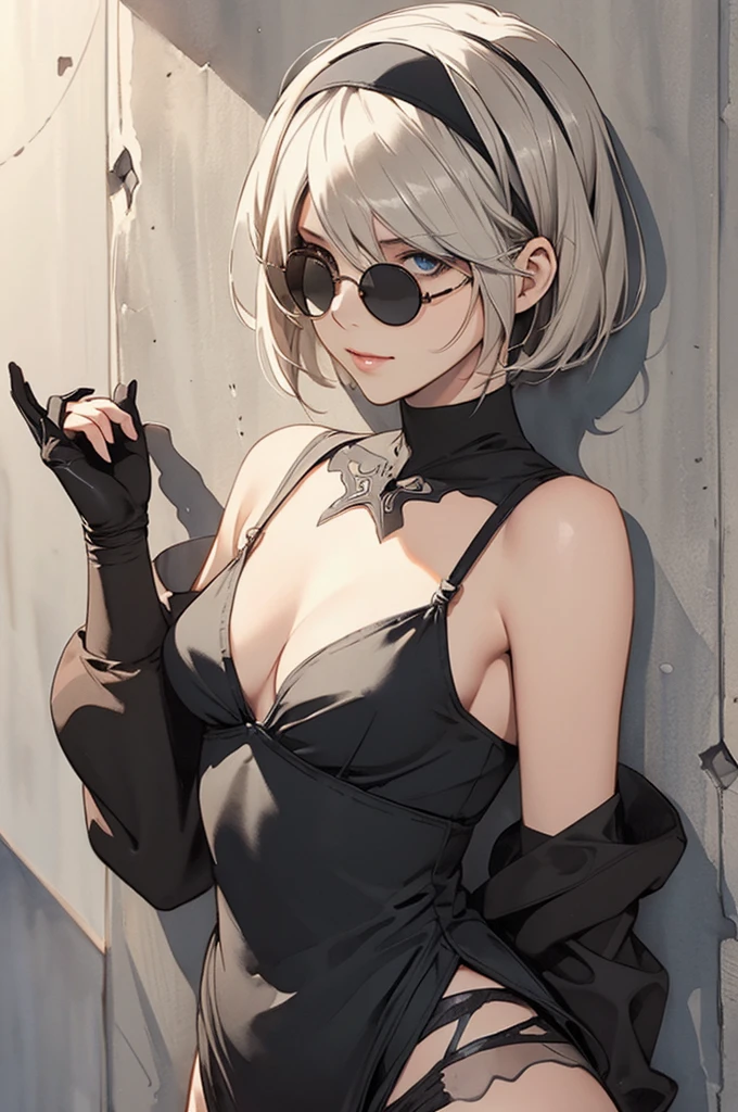 {(masterpiece,best quality, 16K illustration, UHD, extremely detailed the work, detailed beautiful face and eyes and skin and hair)} 
BREAK {erotic face,looking away,enchanting smile,cowboy-shot}
BREAK {solo, (2B of Nier-Automa:1.4)), (perfect female body,small breasts),(lightbrown_lightwhite colored hair:1.4, short cut hair), (medium mouth:1.2),(narrow and sharp eyes:1.4,blue-glay eyes,sparkling eyes:1.1) 
BREAK {(Nier-Automata-2B costume:1.2),(cleavage between breasts:1.2),(black hairband:1.4)} 
BREAK {(small-diameter round red-lens-sunglasses:1.4),(hand on sunglasses:1.4)} 
BREAK {(Part of the stucco wall is brick:1.2),(cast a shadow on the wall:1.2),bullet holes in the wall} 
BREAK,{(anime illustration style:1),(watercolor image:1.2),(sketch drawing),overall dark color}