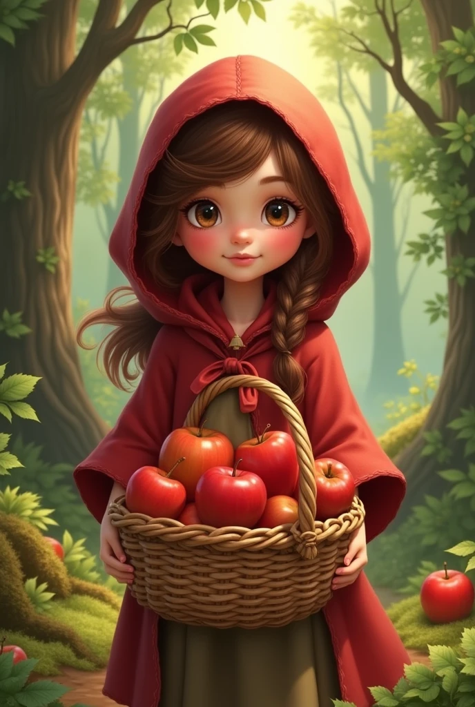 A cute girl holding a basket full of apple, wearing a red riding hood