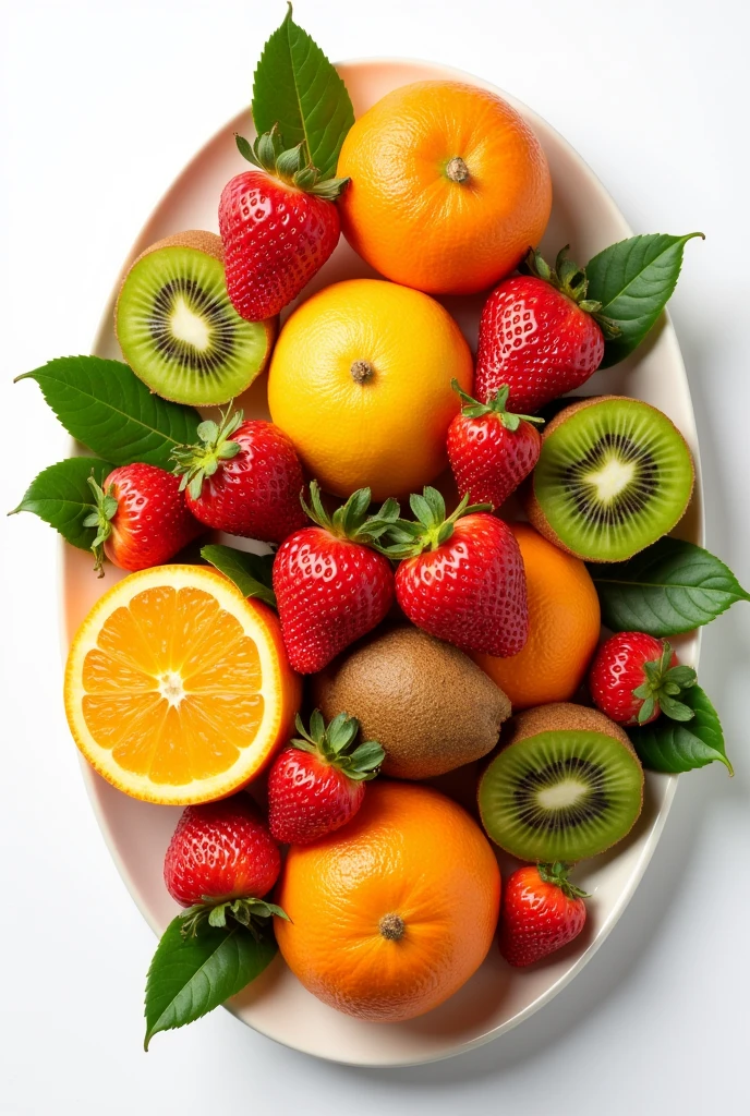 Create another one with the following information Vitamin C: A composition of fruits rich in vitamin C (orange, kiwi, strawberry) on a platter with a white background Note: the image has to be with the person looking down