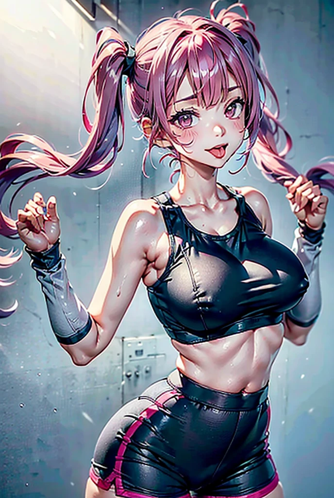 Grey sports bra、Shorts、Twin tails、Pink Hair、Sweating profusely、Damp clothes、High resolution, high quality, Textured skin, Sticking out tongue,
