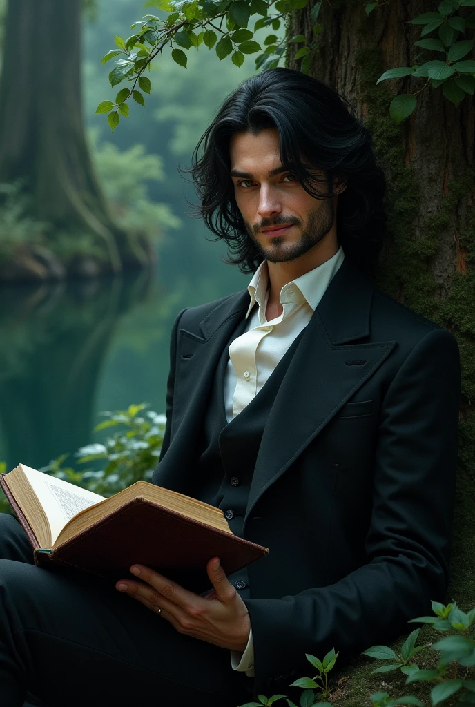 caucasian man, flowing black hair, happy facial expression, wearing elegant clothes, holding a book, sitting behind a tree, surrounded by a dark forest, small lake.