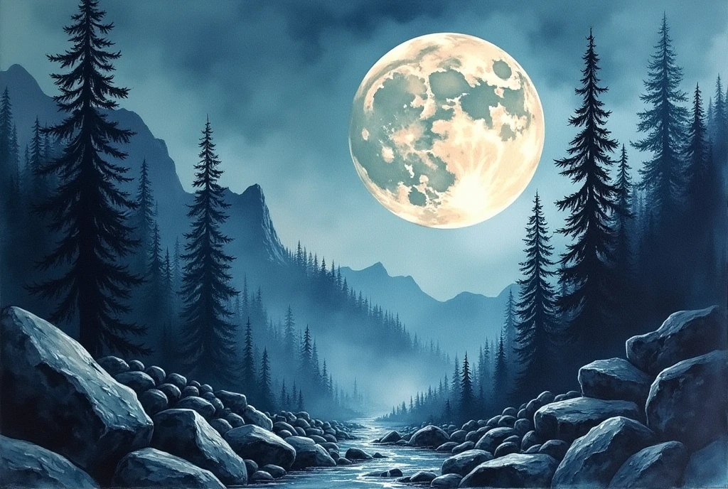 Watercolor painting Gothic Landscape with detailed moon, rocks and pine trees. Add details on the negative spaces and add diff color combinations on the sky