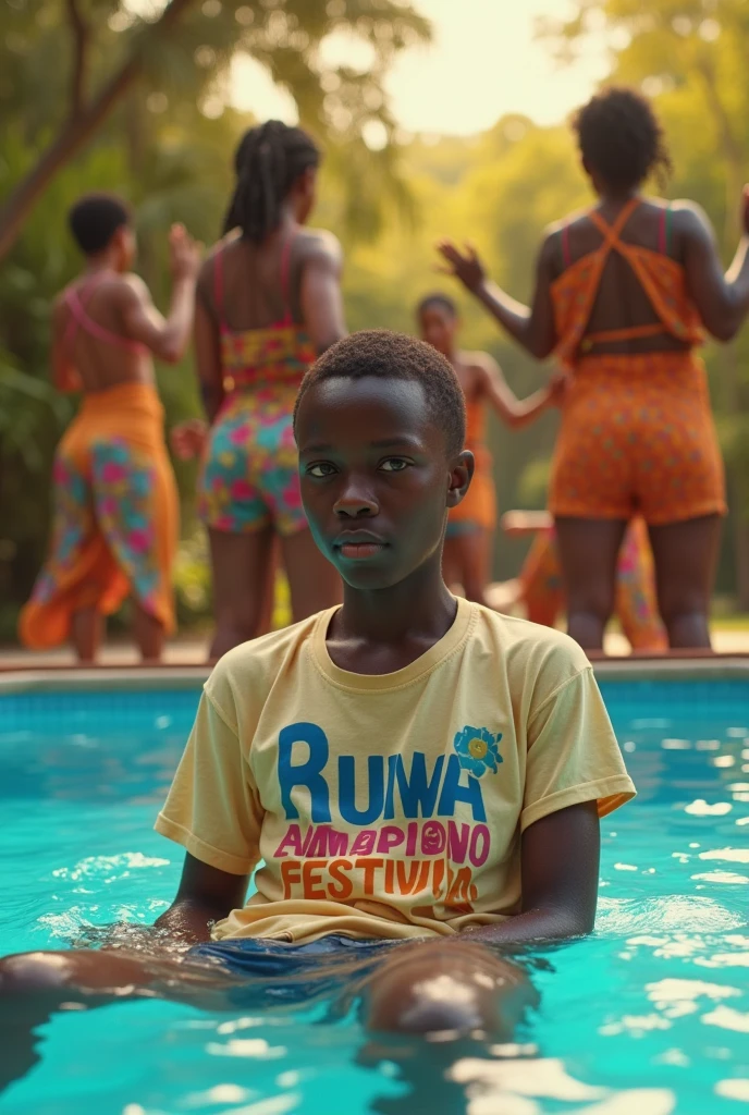 A boy of 18 years sitting in a swimming pool with a t-shirt with a name Ruwa Amapiano Festival and other girls dancing along side the pool and a Dj mixing the tunes