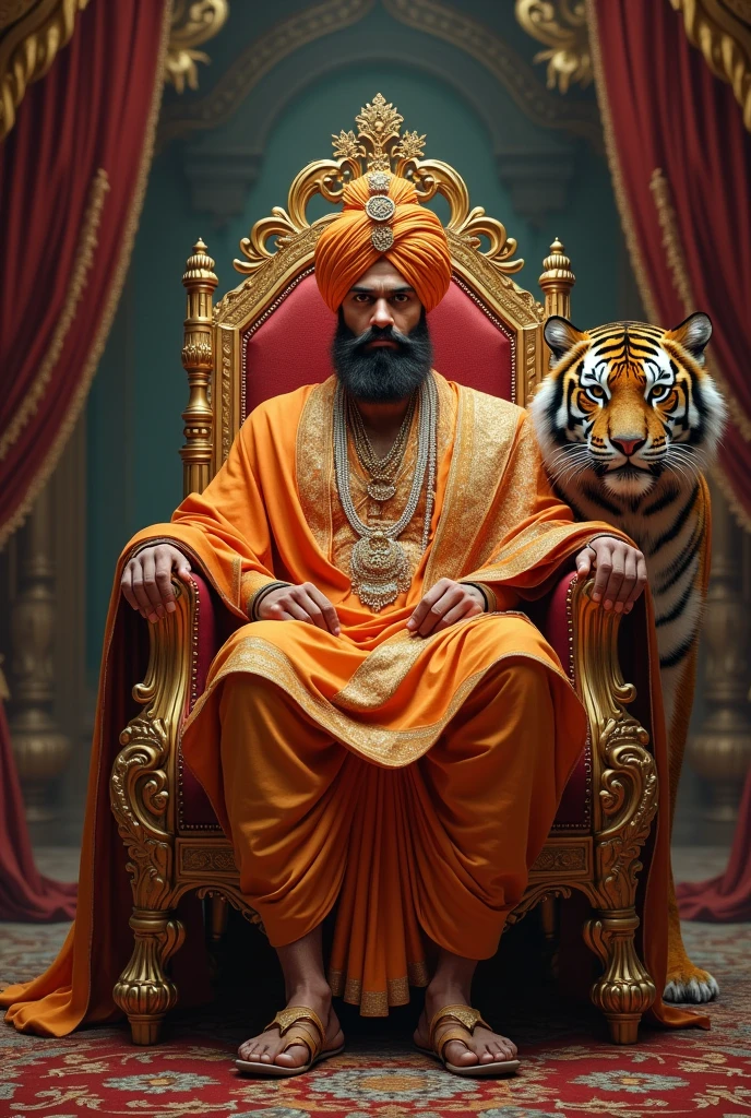 A MAN WITH INDIAN TRADITIONAL DRESS SITTING ON THRONE WITH CROWN and tiger sitting his beside